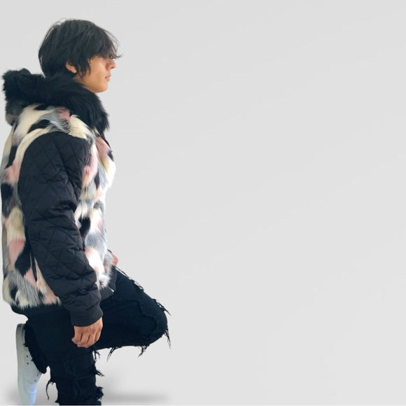 Men's Manzini Black | Ivory | Pink Faux Fur Hooded Casual Jacket NWT