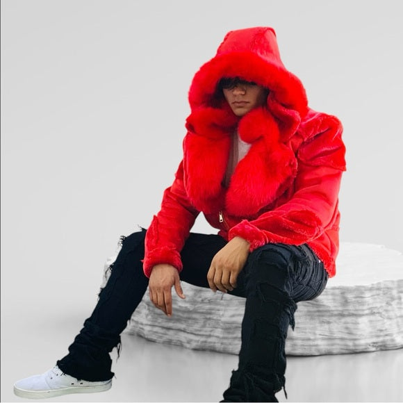 Men's Manzini Red Faux Fur Hooded Winter Jacket NWT