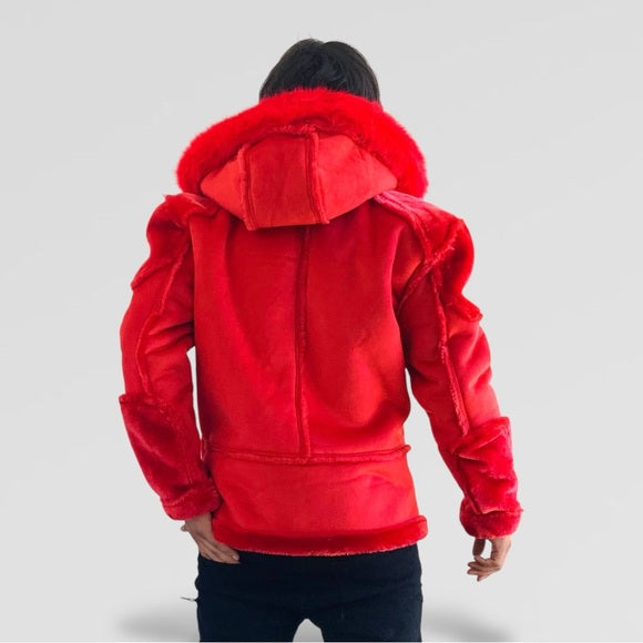 Men's Manzini Red Faux Fur Hooded Winter Jacket NWT