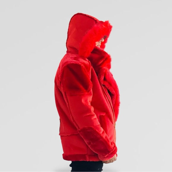 Men's Manzini Red Faux Fur Hooded Winter Jacket NWT