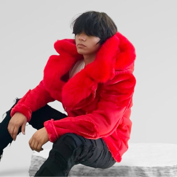 Men's Manzini Red Faux Fur Hooded Winter Jacket NWT
