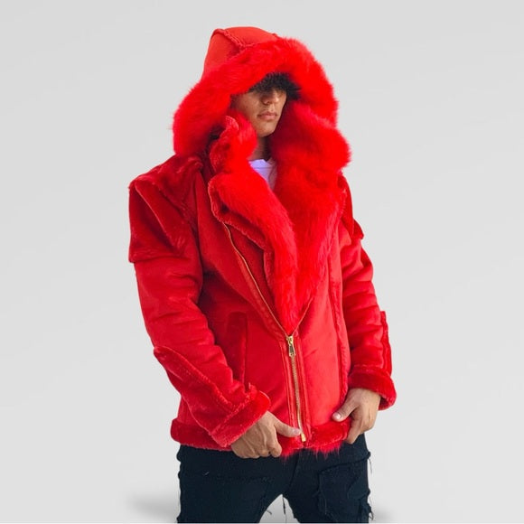 Men's Manzini Red Faux Fur Hooded Winter Jacket NWT