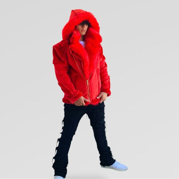Men's Manzini Red Faux Fur Hooded Winter Jacket NWT