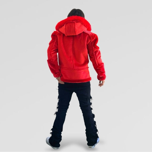 Men's Manzini Red Faux Fur Hooded Winter Jacket NWT