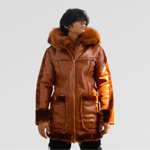 Men’s Manzini Brown Crocodile Print Hooded Vegan Leather & Faux Fur Jacket NWT