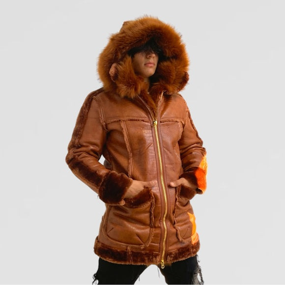 Men’s Manzini Brown Crocodile Print Hooded Vegan Leather & Faux Fur Jacket NWT