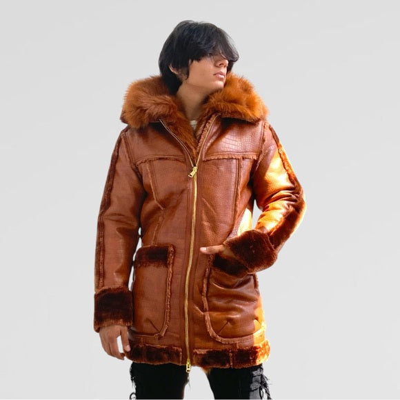 Men’s Manzini Brown Crocodile Print Hooded Vegan Leather & Faux Fur Jacket NWT
