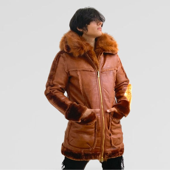 Men’s Manzini Brown Crocodile Print Hooded Vegan Leather & Faux Fur Jacket NWT