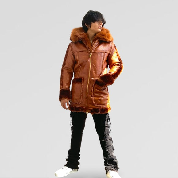 Men’s Manzini Brown Crocodile Print Hooded Vegan Leather & Faux Fur Jacket NWT