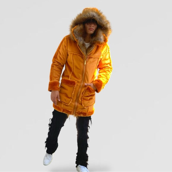 Men's Manzini Cognac Faux Fur Hooded Jacket NWT