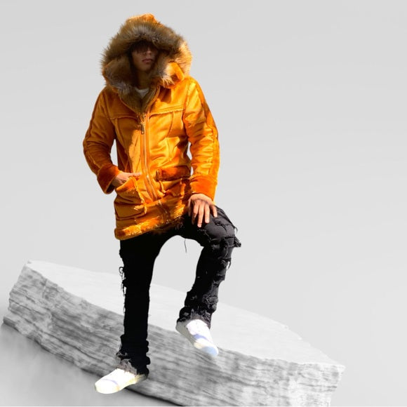 Men's Manzini Cognac Faux Fur Hooded Jacket NWT