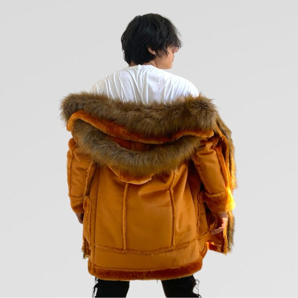 Men's Manzini Cognac Faux Fur Hooded Jacket NWT