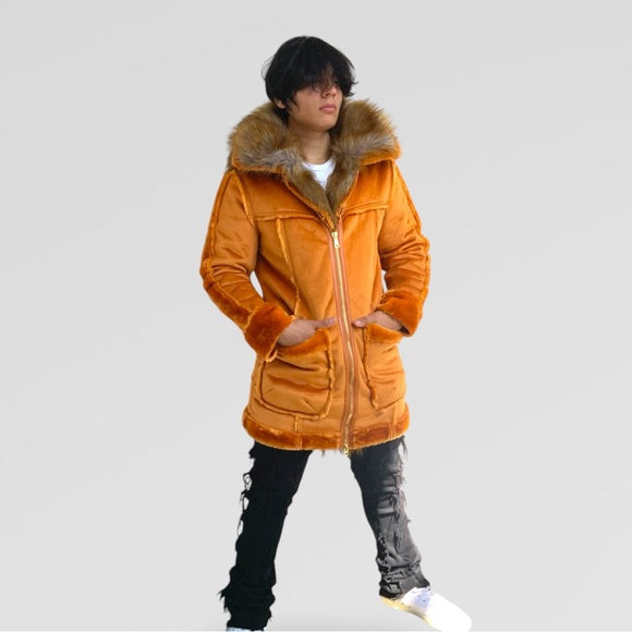 Men's Manzini Cognac Faux Fur Hooded Jacket NWT