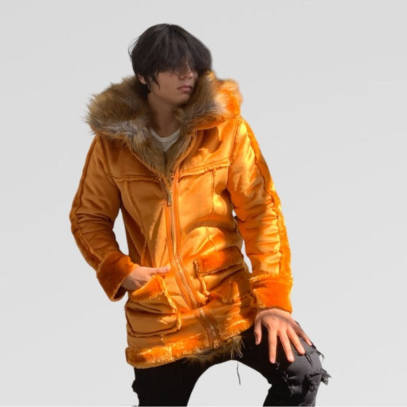 Men's Manzini Cognac Faux Fur Hooded Jacket NWT