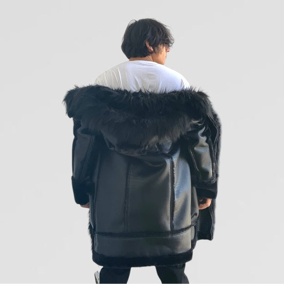 Men’s Manzini Black Crocodile Print Hooded Vegan Leather & Faux Fur Jacket NWT