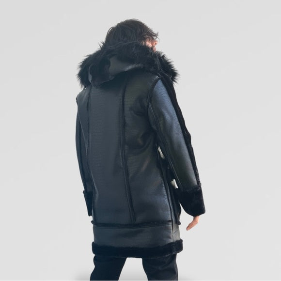 Men’s Manzini Black Crocodile Print Hooded Vegan Leather & Faux Fur Jacket NWT