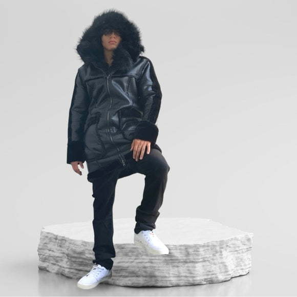 Men’s Manzini Black Crocodile Print Hooded Vegan Leather & Faux Fur Jacket NWT
