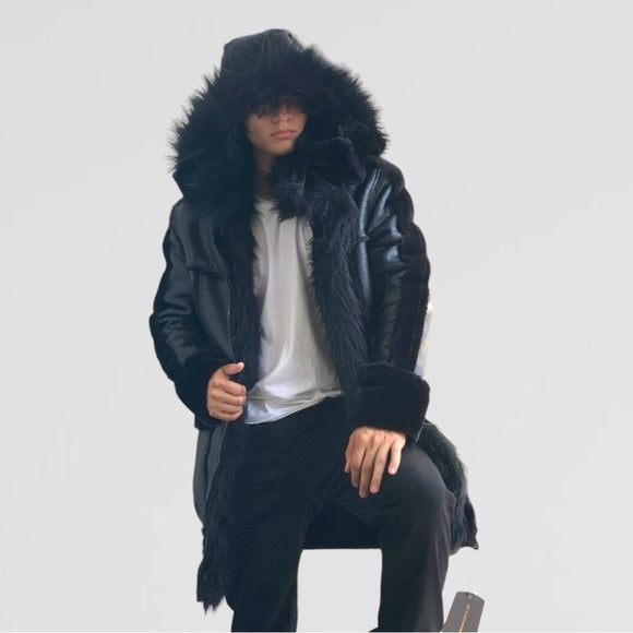 Men’s Manzini Black Crocodile Print Hooded Vegan Leather & Faux Fur Jacket NWT