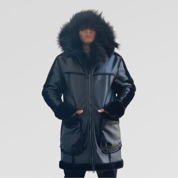 Men’s Manzini Black Crocodile Print Hooded Vegan Leather & Faux Fur Jacket NWT