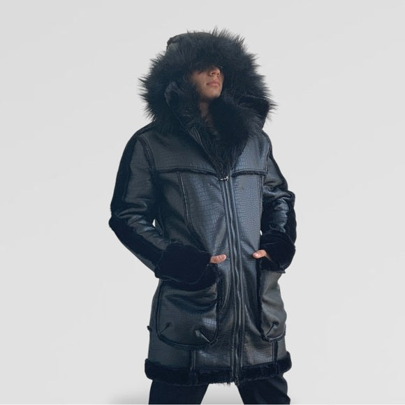 Men’s Manzini Black Crocodile Print Hooded Vegan Leather & Faux Fur Jacket NWT