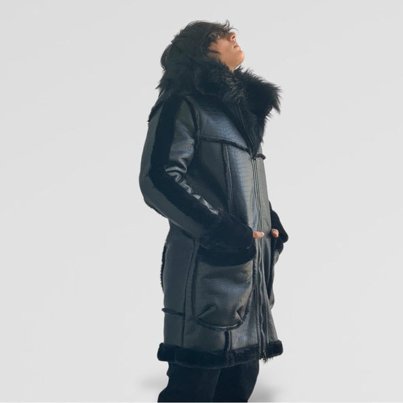 Men’s Manzini Black Crocodile Print Hooded Vegan Leather & Faux Fur Jacket NWT