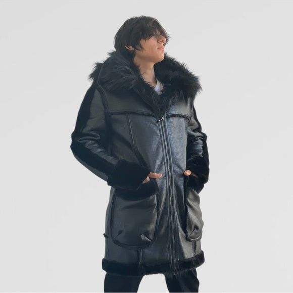 Men’s Manzini Black Crocodile Print Hooded Vegan Leather & Faux Fur Jacket NWT