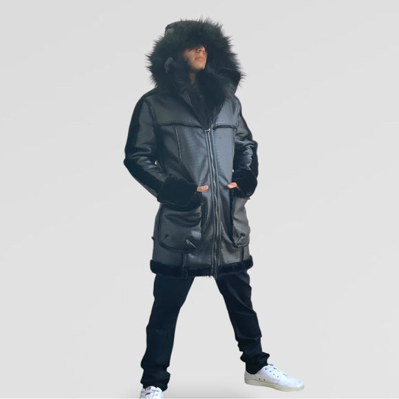 Men’s Manzini Black Crocodile Print Hooded Vegan Leather & Faux Fur Jacket NWT