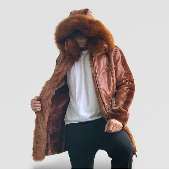 Men’s Manzini Brown Crocodile Print Hooded Vegan Leather & Faux Fur Jacket NWT