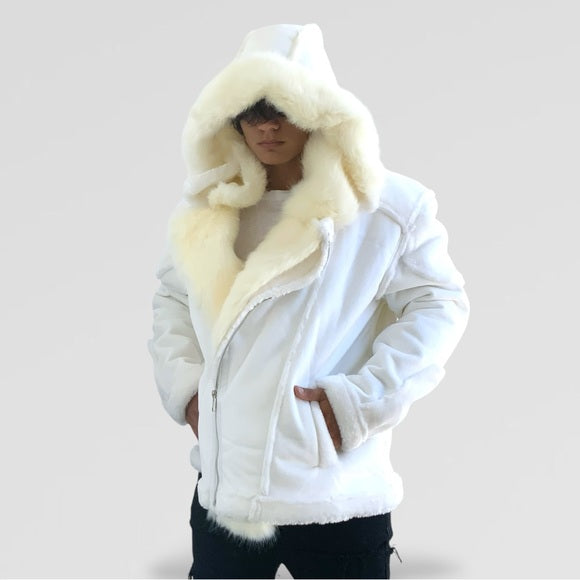 Men's Manzini Vintage White Faux Fur Hooded Winter Jacket NWT