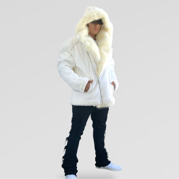 Men's Manzini Vintage White Faux Fur Hooded Winter Jacket NWT