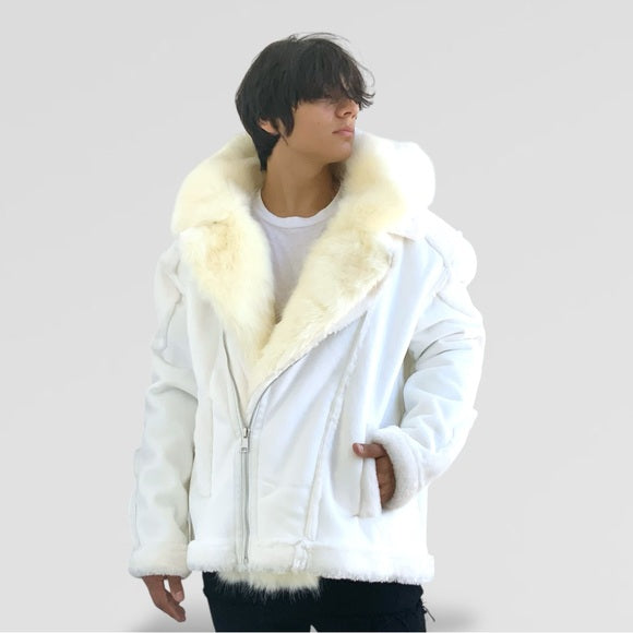 Men's Manzini Vintage White Faux Fur Hooded Winter Jacket NWT