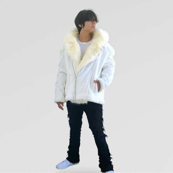 Men's Manzini Vintage White Faux Fur Hooded Winter Jacket NWT