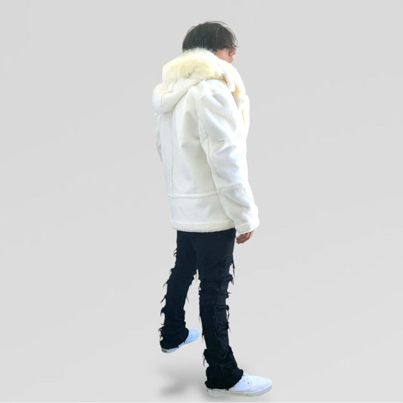 Men's Manzini Vintage White Faux Fur Hooded Winter Jacket NWT
