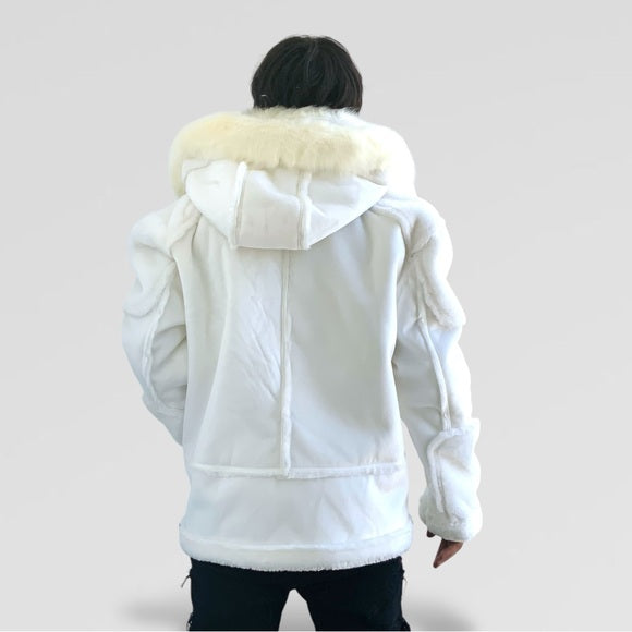 Men's Manzini Vintage White Faux Fur Hooded Winter Jacket NWT