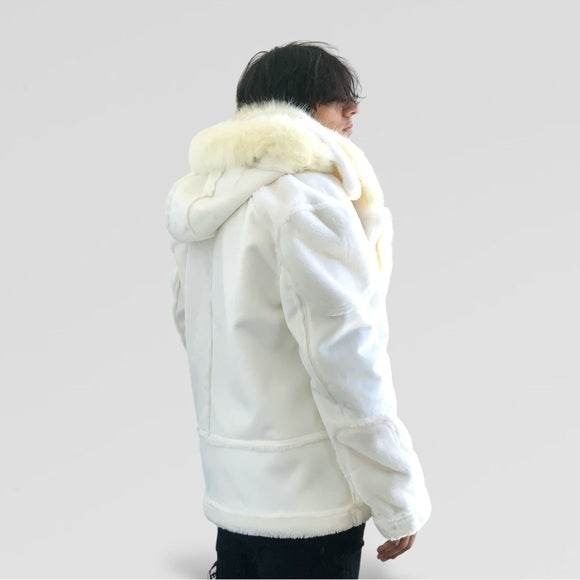 Men's Manzini Vintage White Faux Fur Hooded Winter Jacket NWT