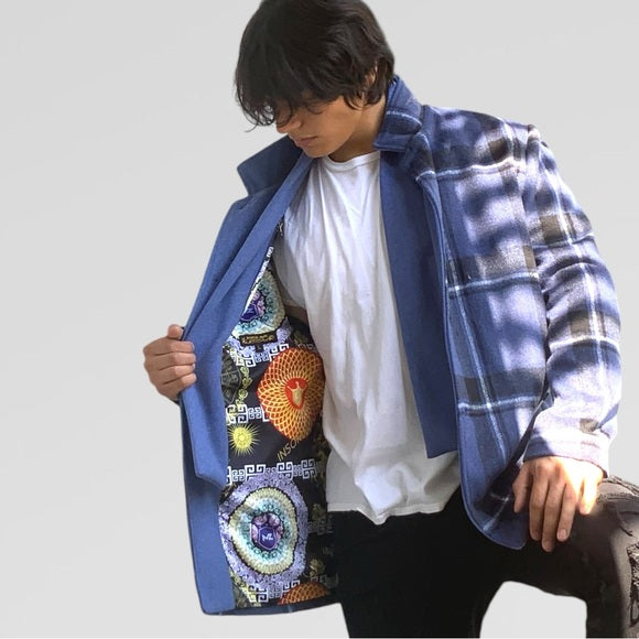 Men's Manzini Black | Blue Detachable Scarf Casual Coat NWT