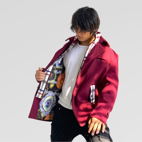 Men's Manzini Burgundy | White Detachable Scarf Casual Coat NWT