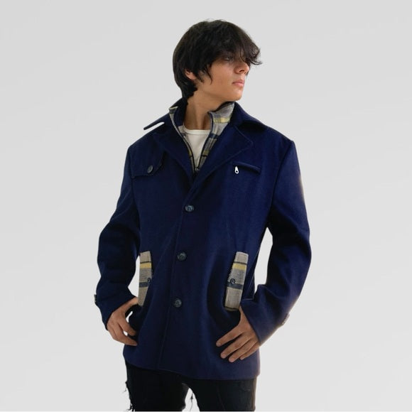 Men's Manzini Navy | Tan Detachable Scarf Casual Coat NWT