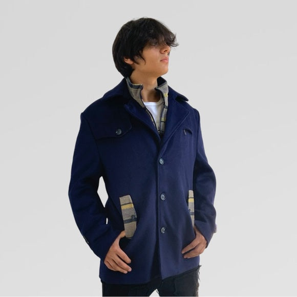 Men's Manzini Navy | Tan Detachable Scarf Casual Coat NWT