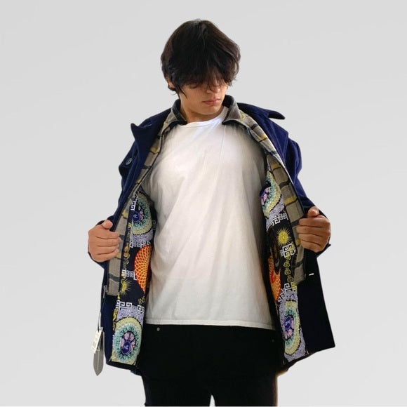 Men's Manzini Navy | Tan Detachable Scarf Casual Coat NWT