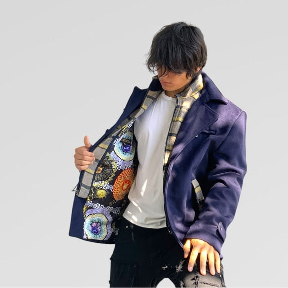Men's Manzini Navy | Tan Detachable Scarf Casual Coat NWT