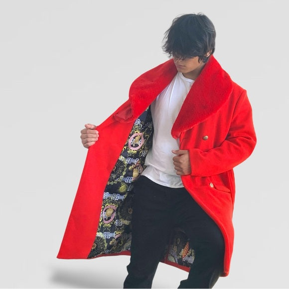 Men's Manzini Solid Red Faux Fur Casual Overcoat NWT