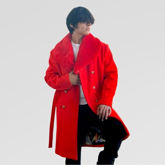 Men's Manzini Solid Red Faux Fur Casual Overcoat NWT