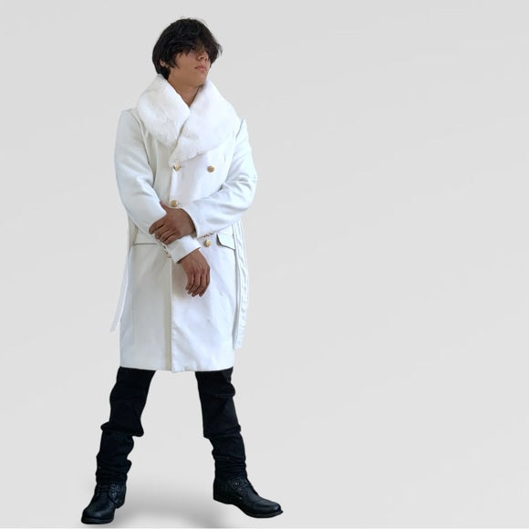 Men's Manzini Solid Off White Faux Fur Casual Overcoat NWT