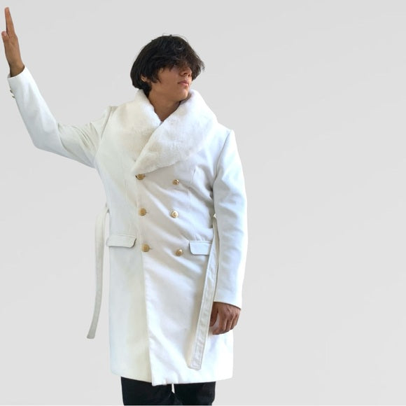Men's Manzini Solid Off White Faux Fur Casual Overcoat NWT