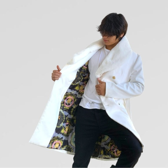 Men's Manzini Solid Off White Faux Fur Casual Overcoat NWT