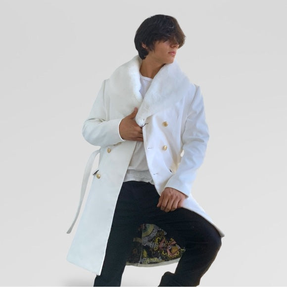 Men's Manzini Solid Off White Faux Fur Casual Overcoat NWT