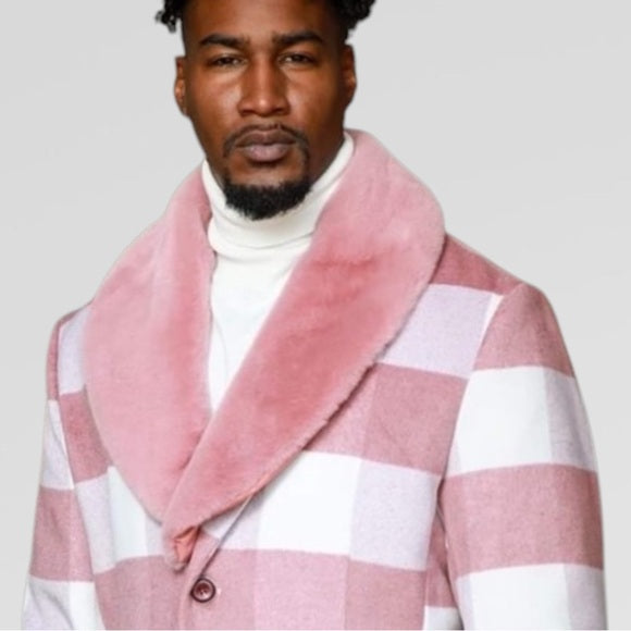 Men's Manzini White | Lt Pink Plaid Faux Fur Casual Overcoat NWT