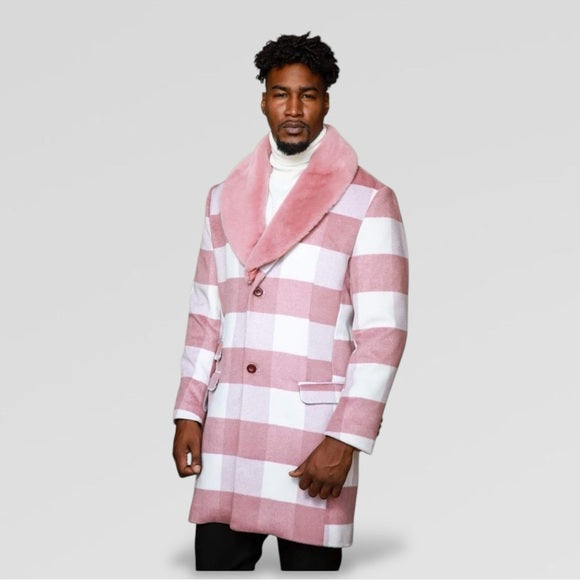 Men's Manzini White | Lt Pink Plaid Faux Fur Casual Overcoat NWT