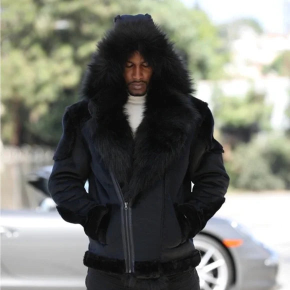 Men's Manzini Black Faux Fur Hooded Winter Jacket NWT
